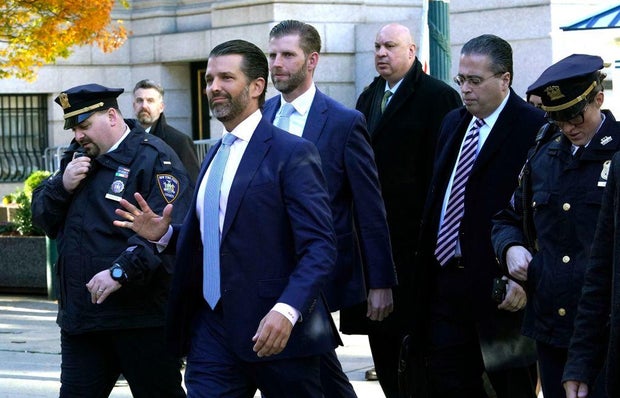 Donald Trump Jr. and Eric Trump arrive at New York Supreme Court on Nov. 2, 2023.