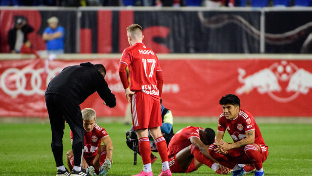 New York Red Bulls players react to losing during the penalty kick shootout during the Audi 2023 MLS Cup Playoffs Round One game between FC Cincinnati and New York Red Bulls at Red Bull Arena on November 4, 2023 in Harrison, New Jersey. 