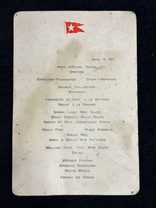 Titanic first-class menu and victim's pocket watch each sell at auction for over $100,000