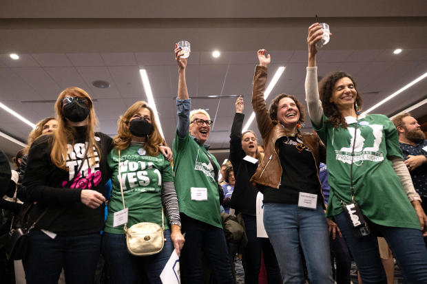 Abortion-rights supporters celebrate the adoption of Issue 1, a measure to enshrine a right to abortion in Ohio's Constitution, in Columbus, Ohio, on Nov. 7, 2023. 