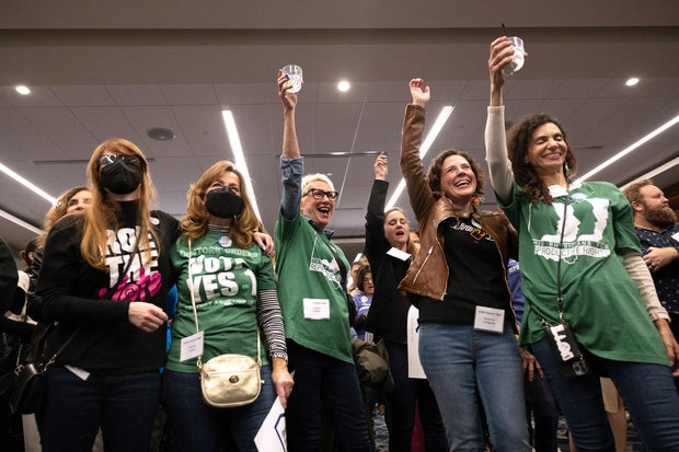 Abortion-rights supporters celebrate the adoption of Issue 1, a measure to enshrine a right to abortion in Ohio's Constitution, in Columbus, Ohio, on Nov. 7, 2023.
