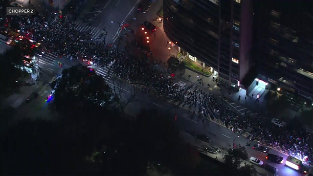 Hundreds of demonstrators march on Central Park West. 