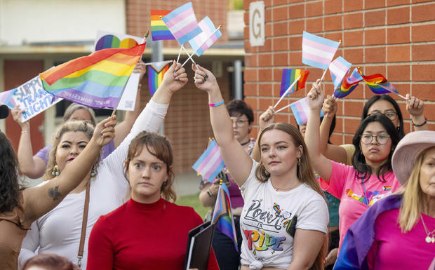 People against the transgender notification policy protest outside the Orange Unified School District meeting in Orange, California, on September 7, 2023. 
