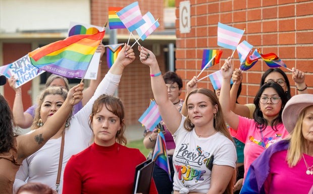 People against the transgender notification policy protest outside the Orange Unified School District meeting in Orange, California, on September 7, 2023.