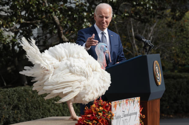 President Biden pardons the national Thanksgiving turkeys Liberty and Bell during a ceremony on the South Lawn of the White House on Nov. 20, 2023. 