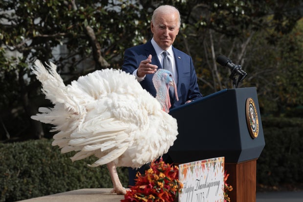 President Biden pardons the national Thanksgiving turkeys Liberty and Bell during a ceremony on the South Lawn of the White House on Nov. 20, 2023.