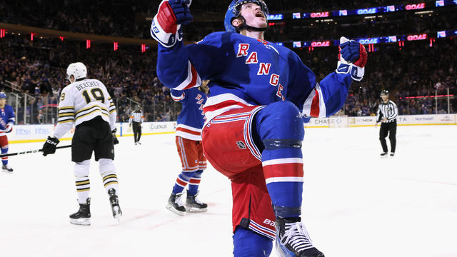 Jimmy Vesey #26 of the New York Rangers celebrates his second period goal against the Boston Bruins at Madison Square Garden on November 25, 2023 in New York City. 