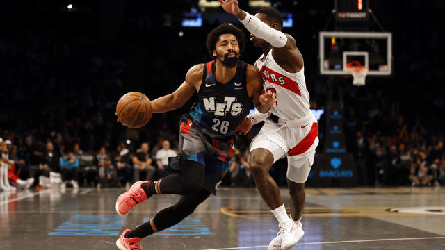 Spencer Dinwiddie #26 of the Brooklyn Nets dribbles against Dennis Schroder #17 of the Toronto Raptors during the second half of an NBA In-Season Tournament game at Barclays Center on November 28, 2023 in the Brooklyn borough of New York City. 