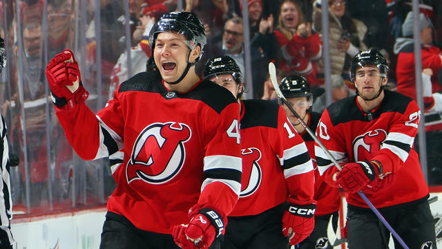 Curtis Lazar #42 of the New Jersey Devils celebrates his game winning goal at 19:37 of the third period against Ilya Sorokin #30 of the New York Islanders at Prudential Center on November 28, 2023 in Newark, New Jersey. The Devils defeated the Islanders 5 