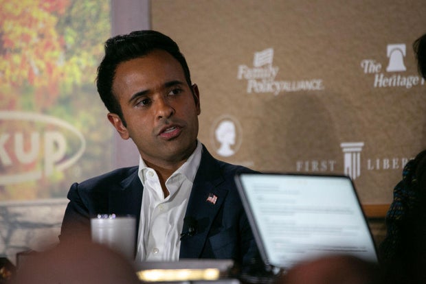 Republican presidential candidate Vivek Ramaswamy speaks at the Thanksgiving Family Forum on Nov. 17, 2023, in Des Moines, Iowa.