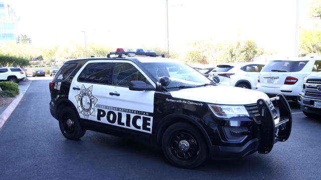 A Las Vegas Metropolitan Police Department vehicle blocks traffic on Oct. 28, 2020, in Las Vegas, Nevada. 