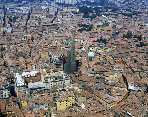 Center of Bologna with Asinelli tower and Garisenda tower seen from above, Emilia-Romagna, Italy 
