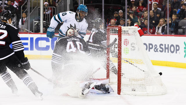 San Jose Sharks left wing Anthony Duclair (10) scores a goal during a game between the San Jose Sharks and New Jersey Devils on December 01, 2023 at Prudential Center in the Newark, New Jersey. 