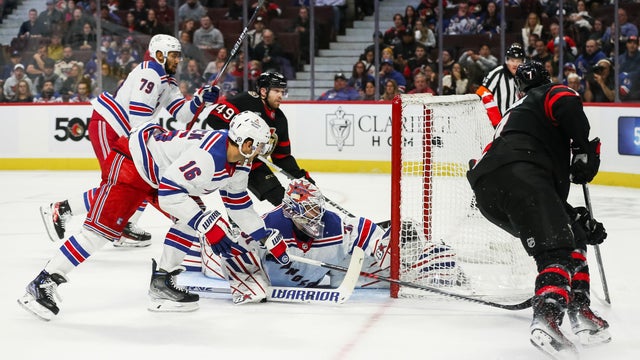 Brady Tkachuk #7 of the Ottawa Senators scores against Igor Shesterkin #31 of the New York Rangers as his teammates K'Andre Miller #79 and Vincent Trocheck #16 look on during the second period at Canadian Tire Centre on December 05, 2023 in Ottawa, Ontari