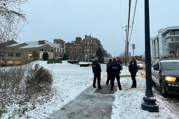 Police officers outside Temple Israel in Albany, New York