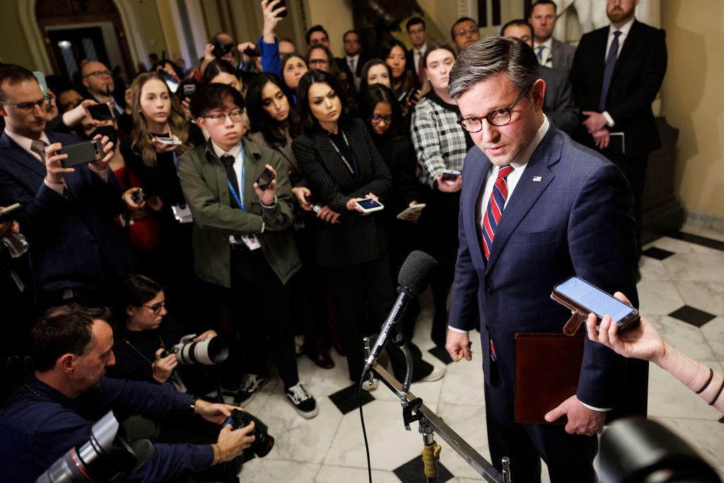 House Speaker Mike Johnson speaks to members of the media on Capitol Hill on Tuesday, Dec. 12, 2023. 