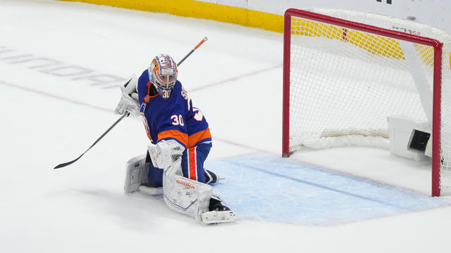 New York Islanders Goalie Ilya Sorokin (30) gives up a goal to Boston Bruins Right Wing David Pastrnak (88) (not pictured) during the shootout period of the National Hockey League game between the Boston Bruins and the New York Islanders on December 15, 2 