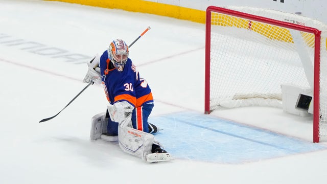 New York Islanders Goalie Ilya Sorokin (30) gives up a goal to Boston Bruins Right Wing David Pastrnak (88) (not pictured) during the shootout period of the National Hockey League game between the Boston Bruins and the New York Islanders on December 15, 2