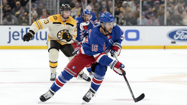 New York Rangers center Vincent Trocheck (16) gains the blue line during a game between the Boston Bruins and the New York Rangers on December 16, 2023, at TD Garden in Boston, Massachusetts. 