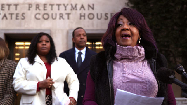 Georgia election workers Ruby Freeman and her daughter Shaye Moss speak outside of the E. Barrett Prettyman U.S. District Courthouse on Dec. 15, 2023, in Washington, D.C. 