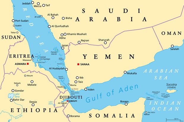 Gulf of Aden area, political map. Deepwater gulf between Yemen, Djibouti, the Guardafui Channel, Socotra and Somalia, connecting the Arabian Sea through the Bab-el-Mandeb strait with the Red Sea
