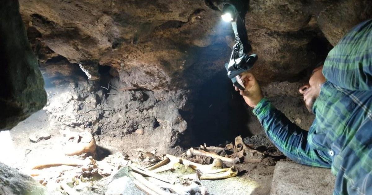 A boulder blocking a Mexican cave was moved. Hidden inside were human skeletons and the remains of sharks and blood-sucking bats.