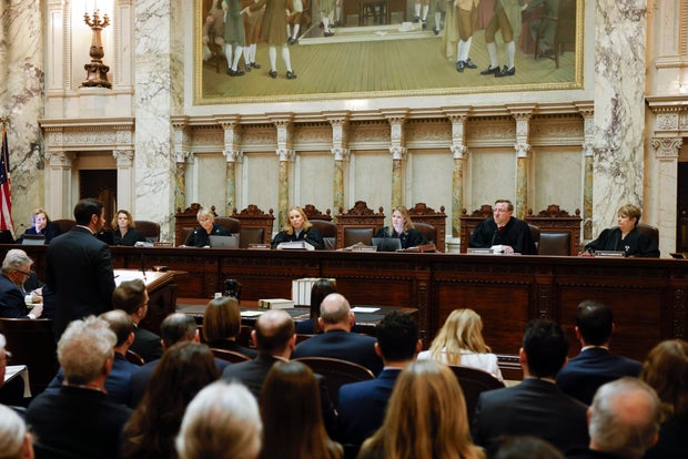 The Wisconsin Supreme Court listens to arguments during a redistricting hearing at the state Capitol on Nov. 21, 2023, in Madison.
