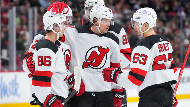 Tyler Toffoli #73 of the New Jersey Devils celebrates his second-period goal against the Ottawa Senators with teammates Jack Hughes #86, Kevin Bahl #88, and Jesper Bratt at Canadian Tire Centre on December 29, 2023 in Ottawa, Ontario, Canada. 
