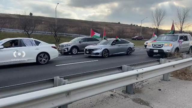 Multiple vehicles with Palestinian flags travel on the Belt Parkway. 
