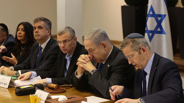 Israeli Prime Minister Benjamin Netanyahu chairs a cabinet meeting at the Kirya 