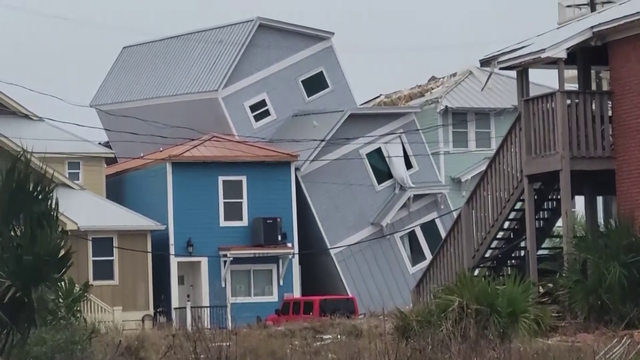 A house is seen tilting in Panama City Beach, Florida, on Jan. 9, 2024, after a storm hit the area. 