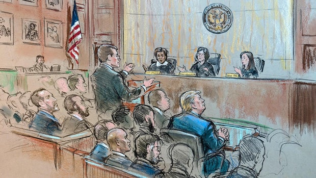 A sketch showing former President Donald Trump attending oral arguments for the U.S. Court of Appeals for the District of Columbia Circuit on Tuesday, Jan. 9, 2024.