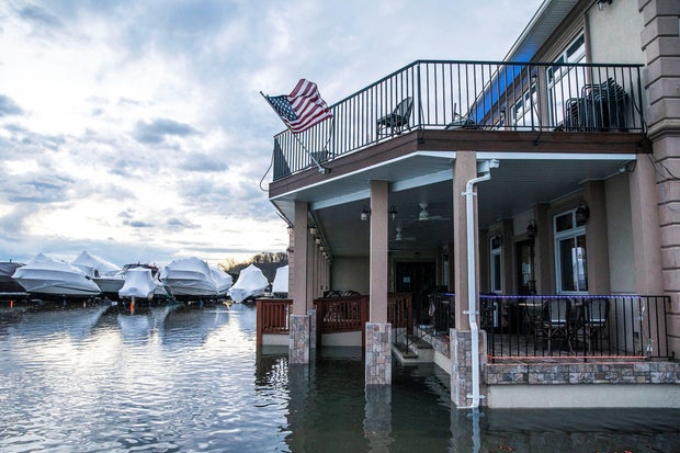 Water rises in a residential area of Piermont, New York, Jan. 10, 2024, after a storm hit the area.