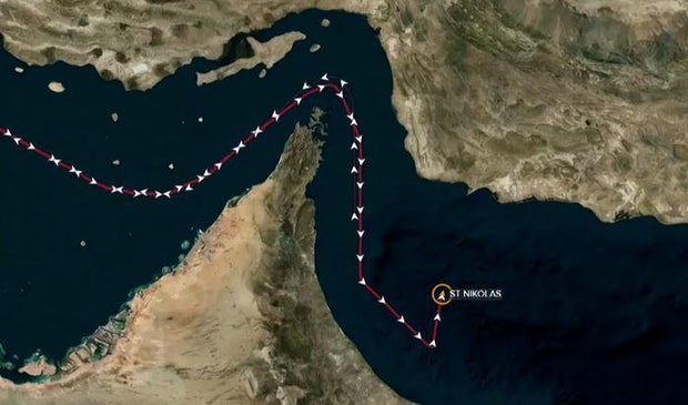 An image provided by the Refnitiv Eikon data service shows a map tracking the path of the Marshall Islands-flagged oil tanker St. Nikolas in the Gulf of Oman, Jan. 11, 2024
