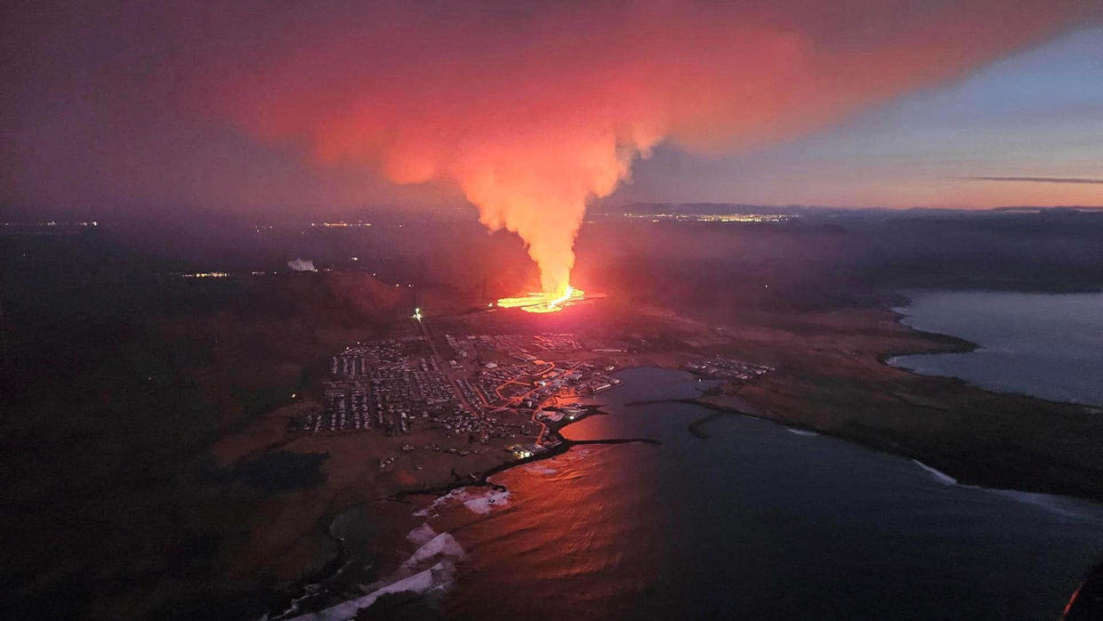 The volcano in Iceland has erupted, sending lava towards a nearby town