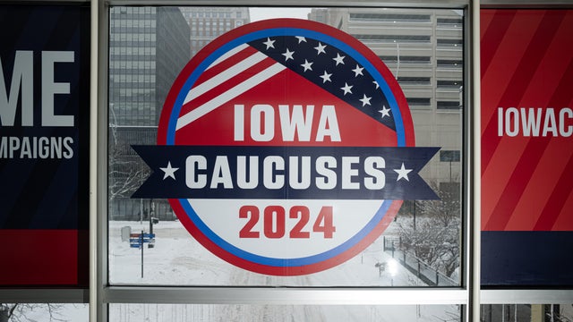 Signage ahead of the Iowa caucus in Des Moines, Iowa, US, on Friday, Jan. 12, 2024. 