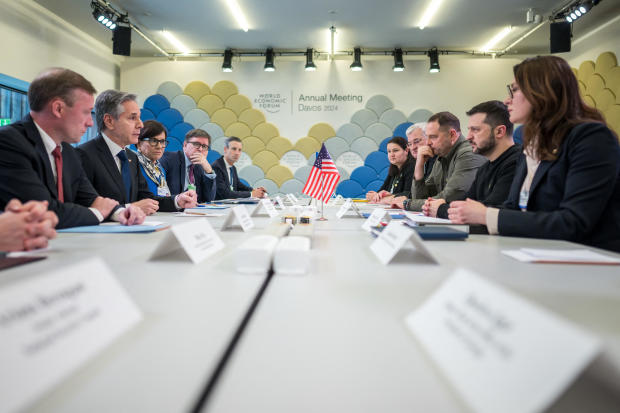 U.S. national security adviser Jake Sullivan, far left, and U.S. Secretary of State Antony Blinken, second from left, speak with Ukrainian President Volodymyr Zelenskyy, second from right, during a bilateral meeting at the annual meeting of the World Economic Forum in Davos, Switzerland, Jan. 16, 2024. 