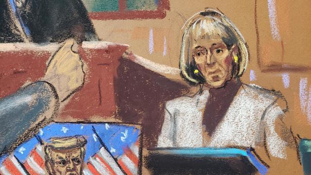 An artist's sketch showing E. Jean Carroll on the stand, watching a video clip of former President Donald Trump, on Thursday, Jan. 18, 2024. 