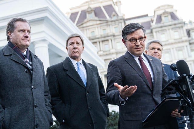 From left, Rep. Mike Turner, Rep. Mike Rogers, Speaker of the House Mike Johnson and Rep. Michael McCaul address the media after a meeting with President Biden at the White House on Wednesday, Jan. 17, 2024.