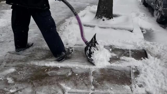 An individual shovels snow off a sidewalk. 