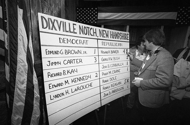 Dixville Notch residents tally their votes in the presidential primary in New Hampshire on Feb. 26, 1980.