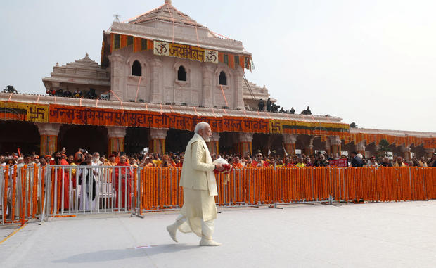 India's PM Modi arrives to attend the opening of a grand temple to the Hindu god Lord Ram in Ayodhya 