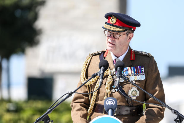 The head of the British army, Gen. Patrick Sanders, speaks at a ceremony at Canakkale Martyrs' Memorial in Canakkale, Turkey, on April 24, 2023. 
