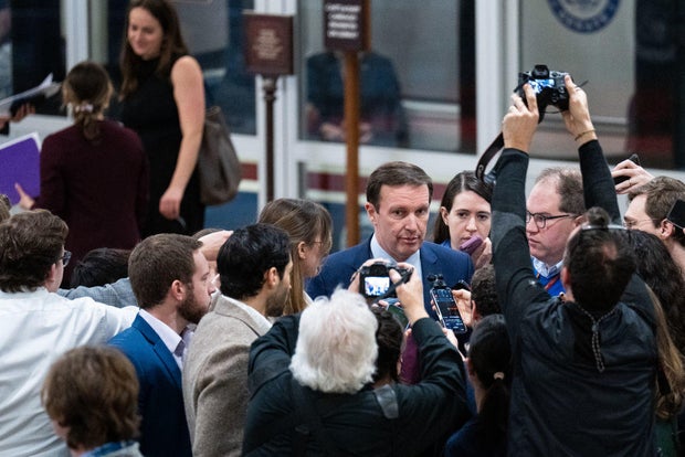 Sen. Chris Murphy speaks to reporters in the Senate subway in the Capitol on Thursday, Jan. 25, 2024.