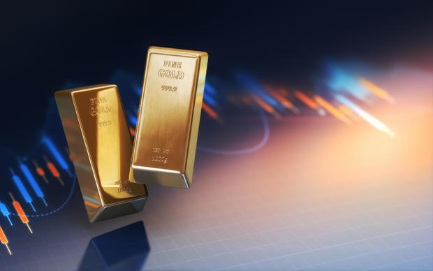 Realistic Gold Bars on Finance Graph Background, Depth Of Field 