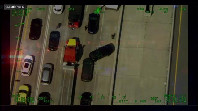 An aerial view of a driver in an allegedly stolen car trying to get out of traffic that is at a standstill on the Verrazzano Bridge. 