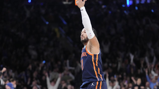 New York Knicks guard Jalen Brunson reacts after tying the game with three-point basket during the second half of an NBA basketball game against the Indiana Pacers, Thursday, Feb. 1, 2024, at Madison Square Garden in New York. 