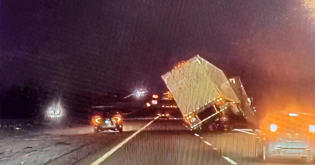 Raw Video: Big rig overturns on I-5 in West Sacramento - CBS Sacramento
