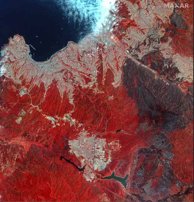 Infrared overview of wildfire burn areas in Valparaiso and Vina del Mar, Chile on February 5, 2024