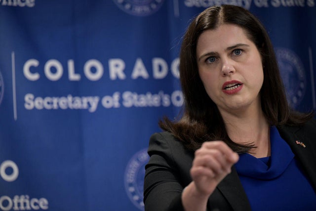 Colorado Secretary of State Jena Griswold speaks in Denver on Thursday, Jan. 25, 2024. 